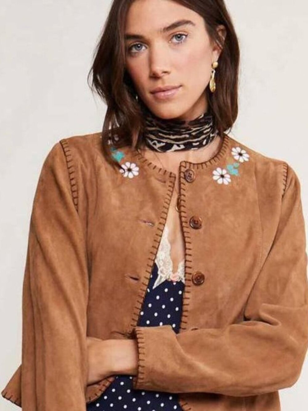 RIXO tan suede embroidered collar jacket